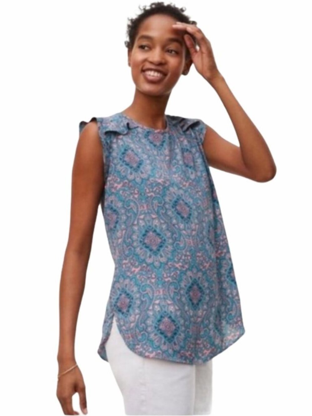 LOFT Blouse Ruffle Cap Sleeve-Large Petite